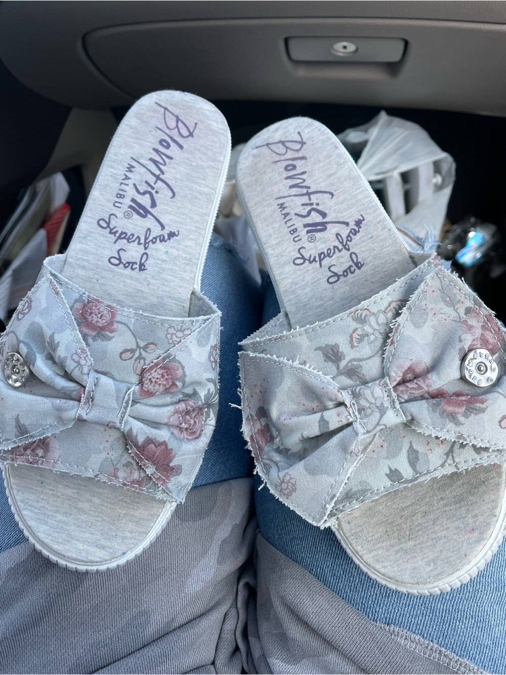 Blowfish Floral Bow Slide Mules in Light Grey and Pink